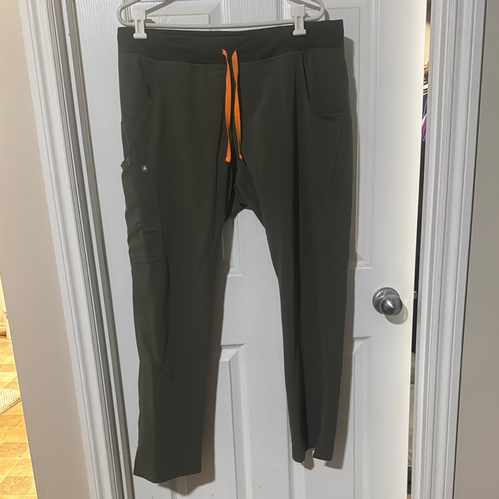 Olive Green Women’s Figs Scrub Pants with Orange Drawstring